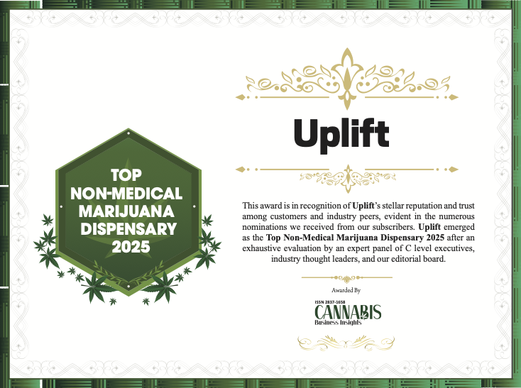 UpLift's Certificate for top non-medical marijuana dispensary in 2025 award from Cannabis Business Insights